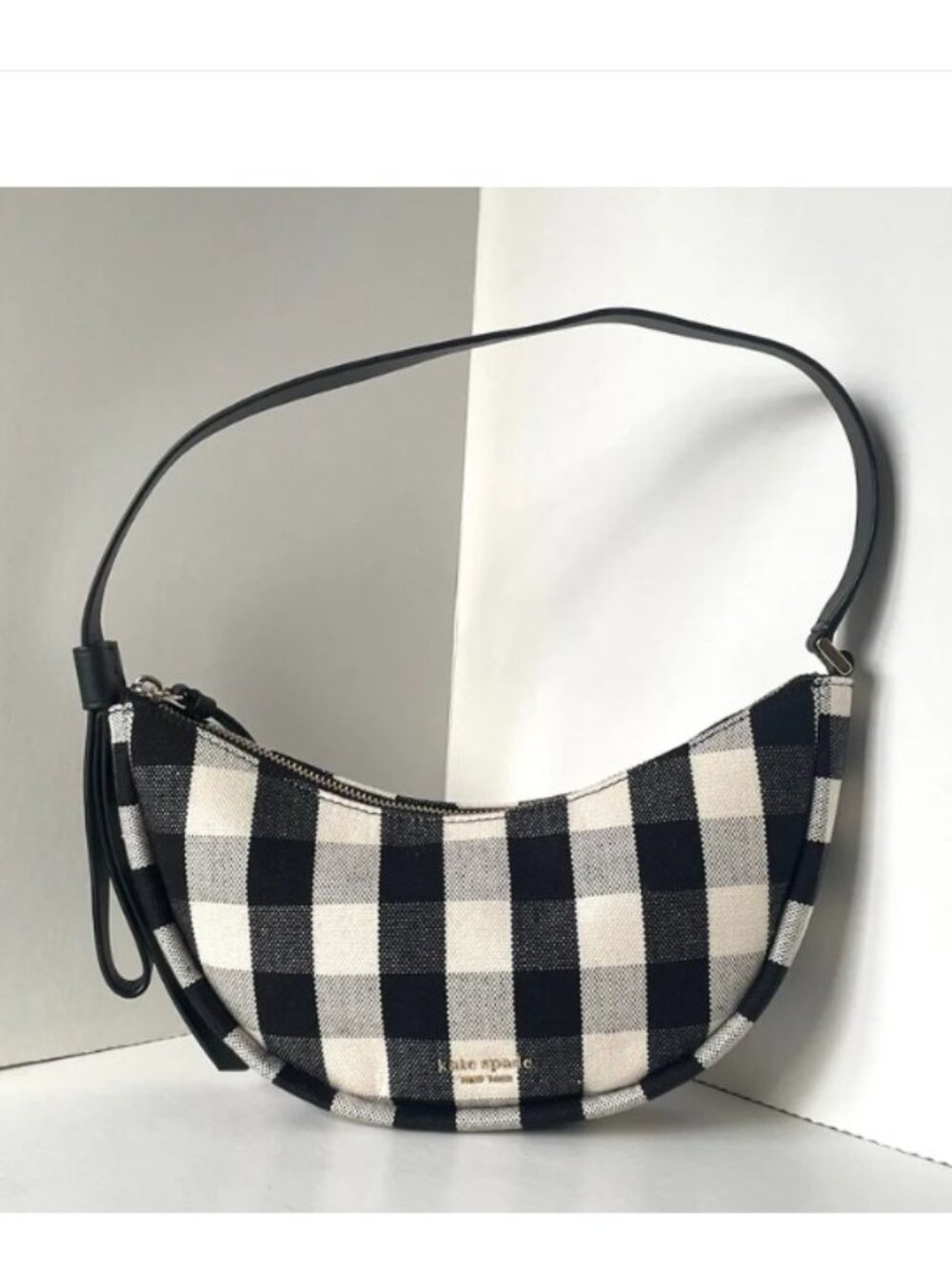 Kate Spade Smile Small Gingham Shoulder Bag Black Check Leather Trim - Picture 4 of 15